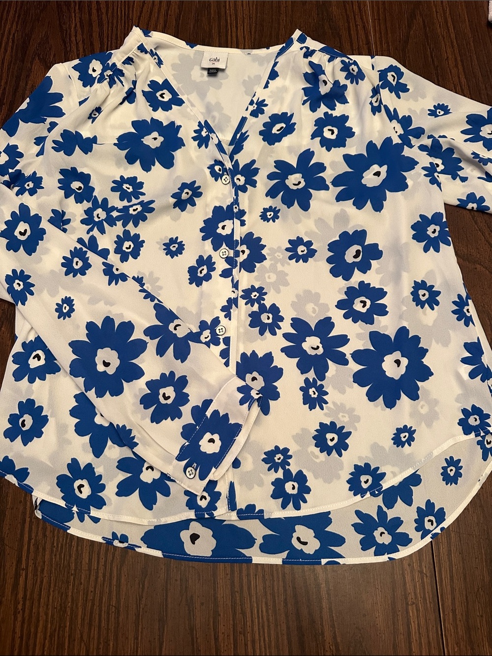 CAbi cream Blouse with Bold Blue Floral Print